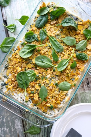 Spinach Artichoke Dip Casserole | Spinach artichoke dip can be an entree too! This chicken casserole has a dairy free spinach artichoke dip baked right in. | eatsomethingdelicious.com