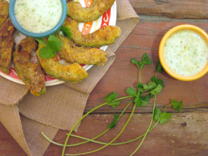 Avocado Fries with Jalapeno Cilantro Dip | Paleo avocado fries seasoned with a hint of cayenne are served with an addicting jalapeño cilantro dip made from dairy-free yogurt. Makes a great appetizer. | eatsomethingdelicious.com