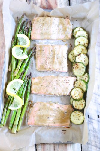 Honey Mustard Glazed Salmon with Marinated Veggies | Sweet and tangy glazed salmon pairs perfectly with sautéed asparagus and zucchini which has been marinated in lemon oregano marinade. | eatsomethingdelicious.com