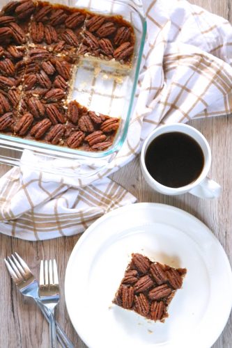 Pecan Pie Shortbread Bars | Pecan pie inspired shortbread bars are made with layers of maple shortbread, dairy free date caramel, and candied cinnamon pecans. Vegan and Paleo friendly. | eatsomethingdelicious.com