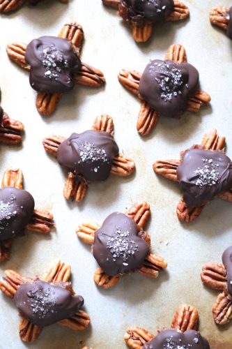 Sea Turtles | Turtle candies topped with sea salt are made dairy free by replacing the traditional caramel with a vegan-friendly caramel made from dates. | eatsomethingdelicious.com