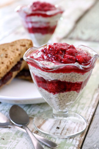 "Peanut" Butter & Jelly Chia Pudding | This peanut-free chia pudding uses flavor inspiration from a classic PB&J. Sunbutter flavors the pudding which is layered with a basic raspberry sauce. | eatsomethingdelicious.com