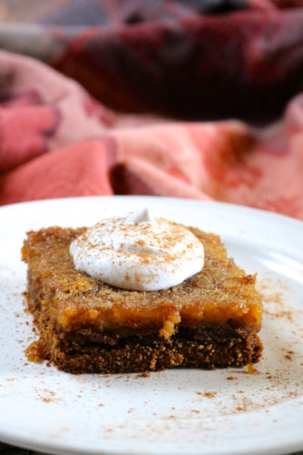 A square of gooey butter cake topped with a dollop of whipped topping and dusted with cinnamon.