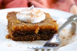 Up-close of the cut side of a square of gooey butter cake.