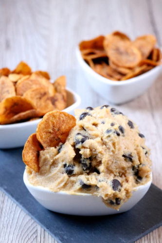 Chocolate Chip Cheesecake Dip | A dairy free, paleo, vegan version of chocolate chip cheesecake dip with cinnamon dusted plantain chips for dipping in place of graham crackers. | eatsomethingdelicious.com