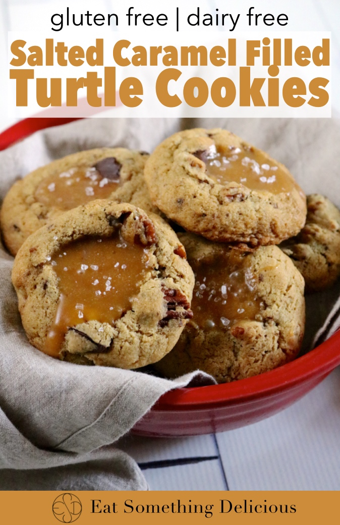Salted Caramel Filled Turtle Cookies | Soft baked gluten free turtle cookies with chocolate and pecans are dented in the center to make room for lots of dairy free salted caramel sauce! | eatsomethingdelicious.com