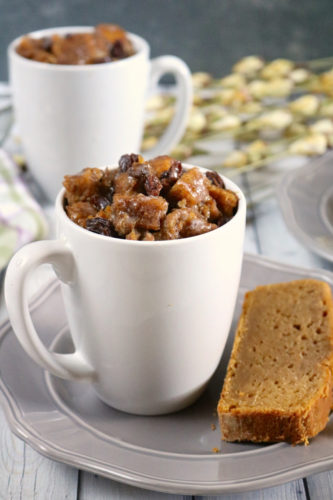 Two Minute Sweet Potato Bread Pudding | Gluten free, dairy free bread pudding in a mug made from leftover sweet potato bread. Cooks in the microwave in just 2 minutes. | eatsomethingdelicious.com
