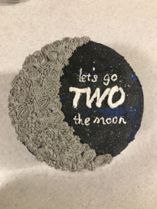 "TWO the Moon" 2nd Birthday Cake | Learn to make this moon birthday cake for your favorite 2 year old using only gluten free, dairy free ingredients. Includes step by step photos and stencil. | eatsomethingdelicious.com
